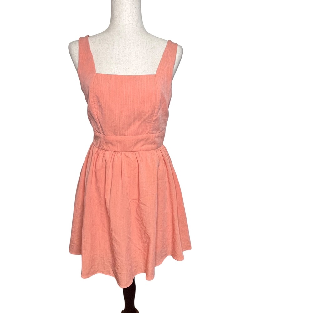 Francesca's Peach Coral Square Neck Mini Dress Pockets S Coquette Beachy Girly
